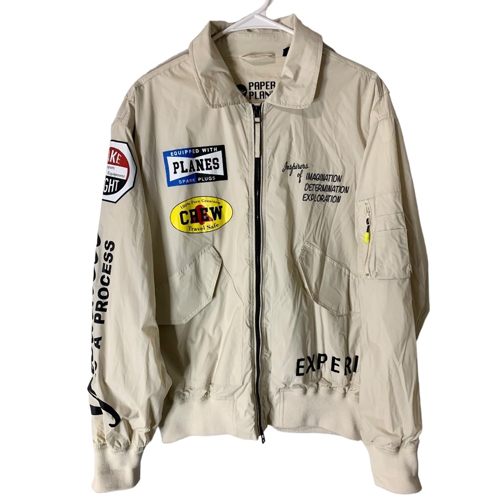 Men's Paper Planes Multiple Graphic Windbreaker Collared Jacket Size Medium.